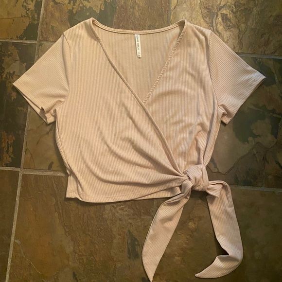 Color Thread Ribbed Beige Wrap Crop Top - Picture 5 of 6